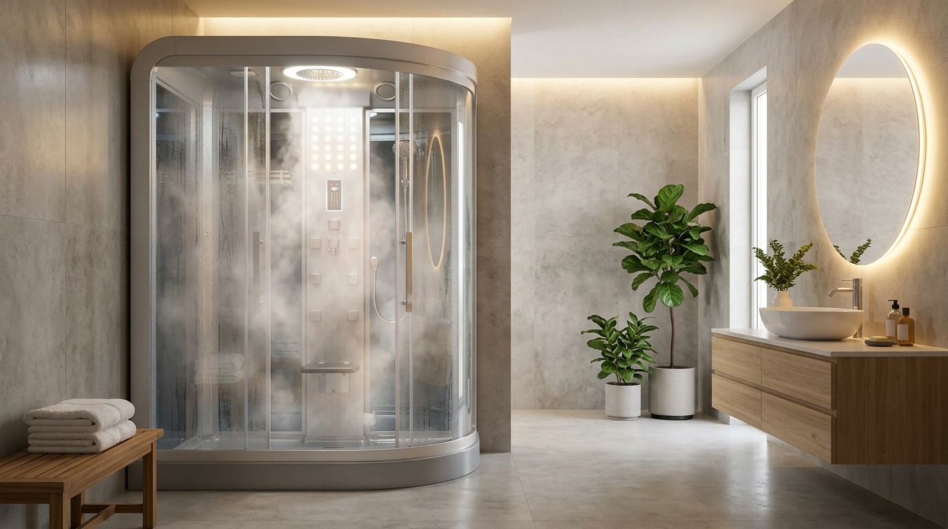 Modern glass home steam shower filled with gentle vapor for therapy